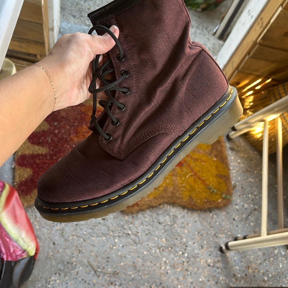 Dr Martens Maroon Boots with Yellow Stitching